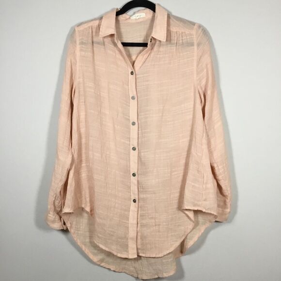 Pinky peach wide weave gauze fabric button down shirt 100% cotton lightweight L - Picture 1 of 11